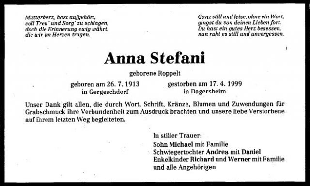 Roppelt Anna 1913-1999 Todesanzeige